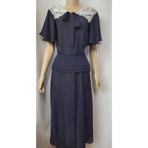 Nancy Johnson Cottagecore Size 8 Navy/White Polka Dot Women's Dress NWT #CB7